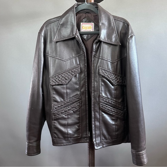 Vintage 60s Cascade Faux Brown Leather Mens Jacket - Picture 3 of 11